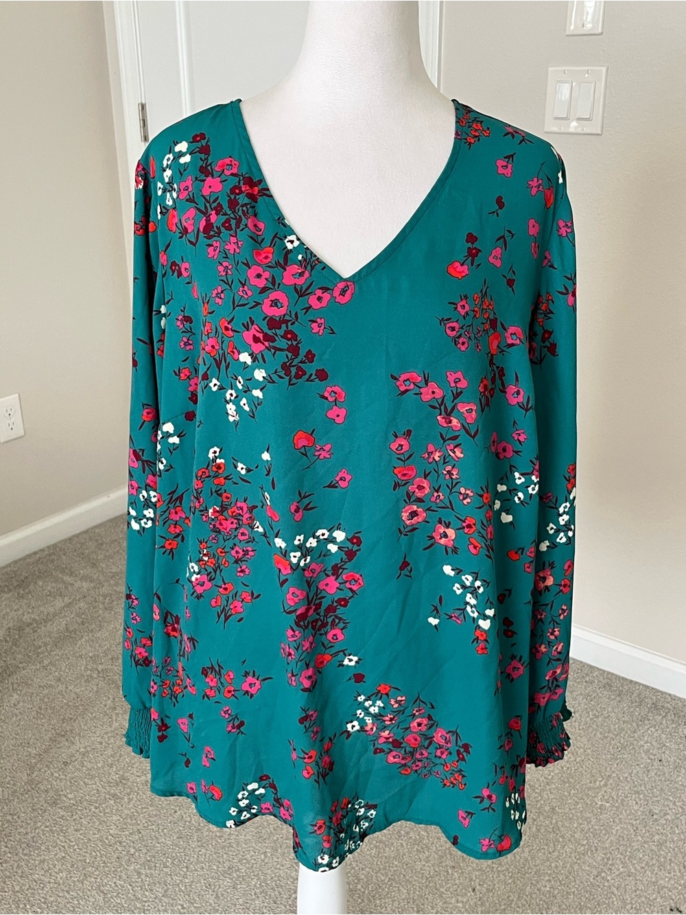 NWOT 41 Hawthorn Teal Floral V-Neck Long-Sleeve Blouse Size 2X